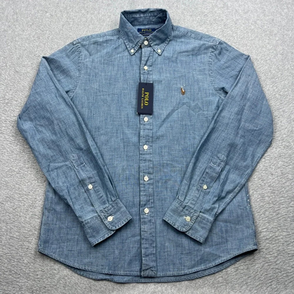NEW Polo Ralph Lauren Shirt Mens Small Blue Indigo Chambray Untucked Classic Fit